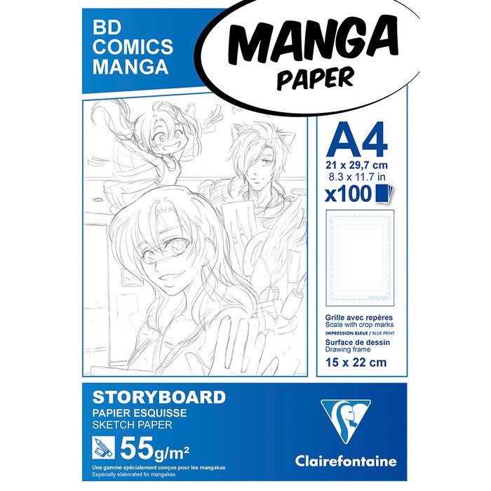 CLAIREFONTAINE Manga-Block für Storyboard A4 100 Blatt 55 g mit einfachem Raster weiß