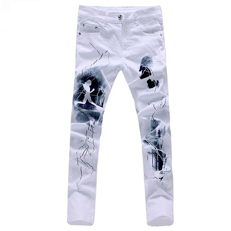 Wholesale free white 3d printed men jeans homme unique man printing jeans cotton large size 40 38