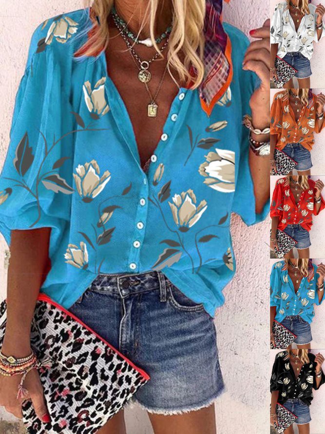 Damen Casual Geblümt Frühling/Herbst Polyester Print Ballon-Ärmel Stehkragen Weit Regelmäßig Shirts