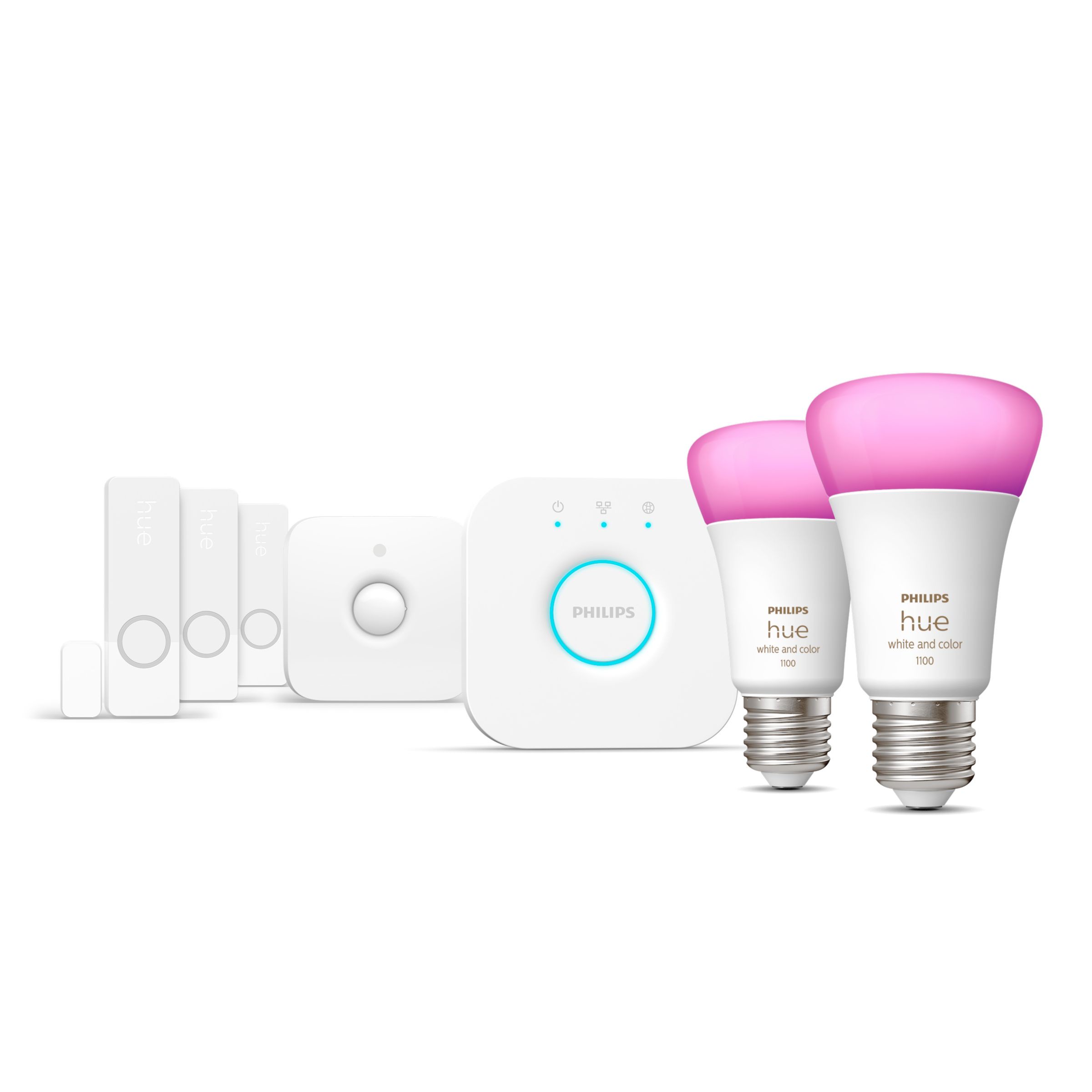 Philips Hue Secure Starter-Set: E27 Lampe A60 2er-Pack 1100 + Kontaktsensoren 3er-Pack Weiß + Bewegungsmelder
