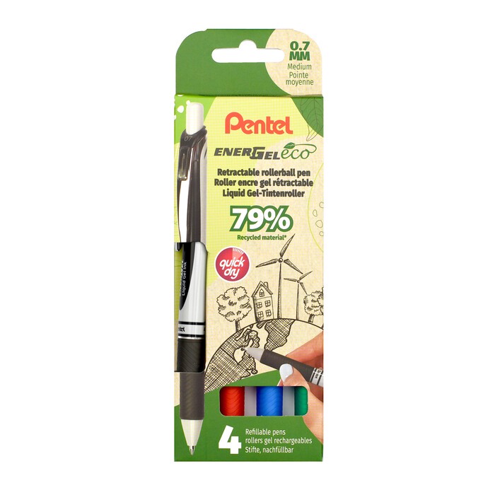 PENTEL Gelroller EnerGel BL77 Eco mit Druckmechanik 0,7 mm 4er Etui