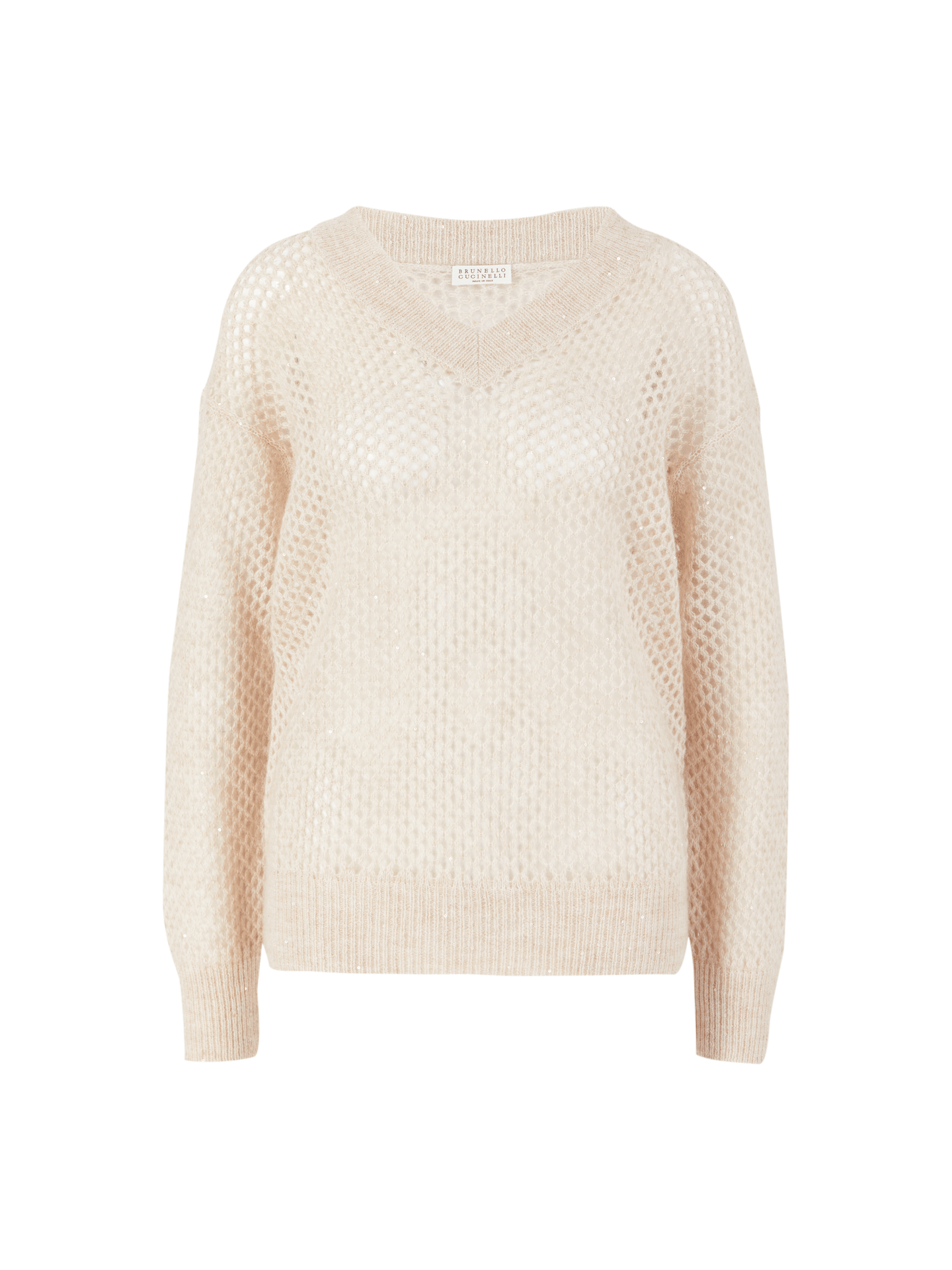Strickpullover mit Lochmuster und Pailletten Beige