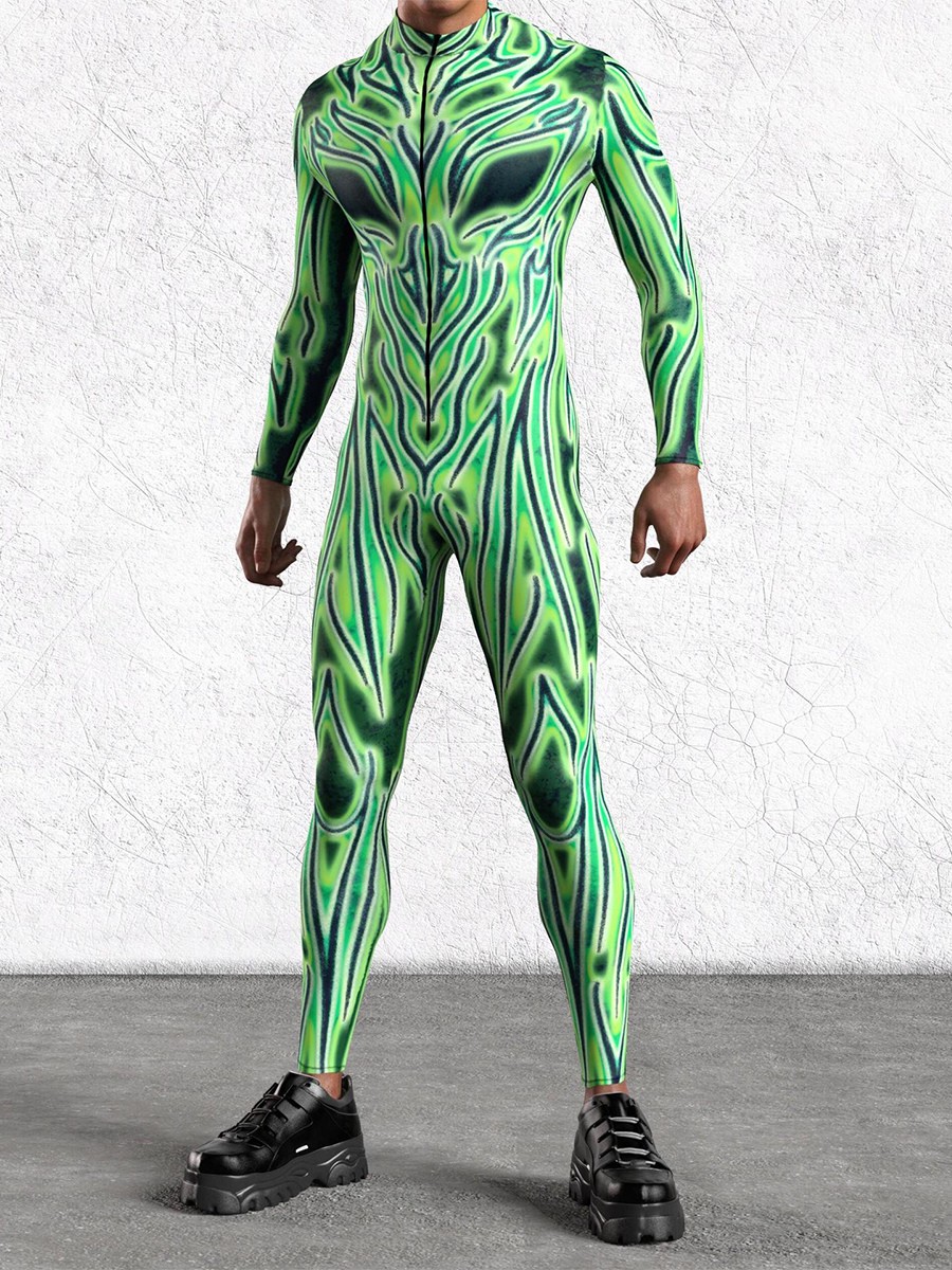 Halloween Erwachsene Männer Reißverschluss Catsuit Maschine 3D-gedruckter Overall Spielparty Zentai-Anzug Männlicher Cosplay Bodysuit Rave Festival Roboterkostüme