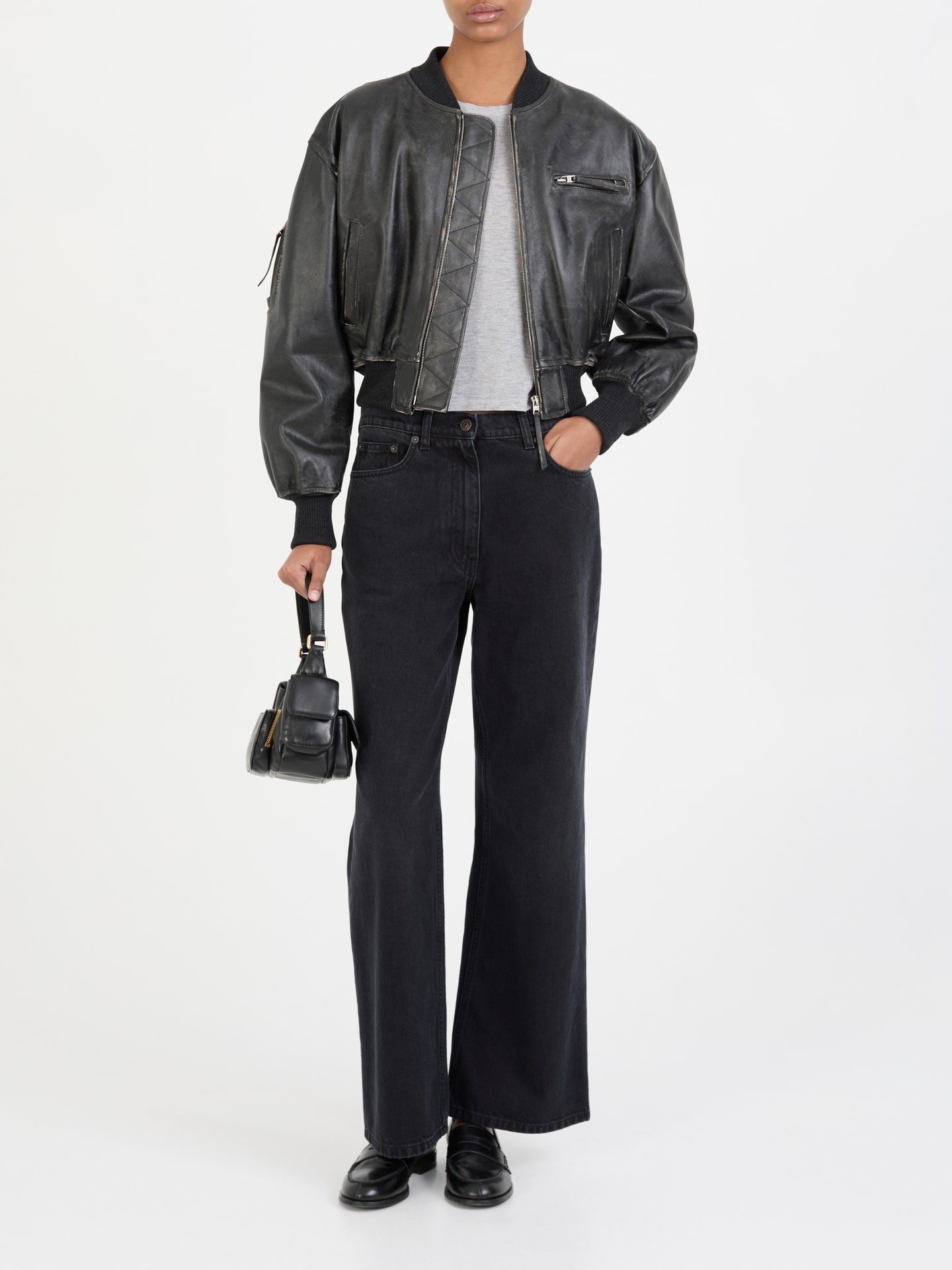 Cropped Bomberjacke aus Leder Schwarz