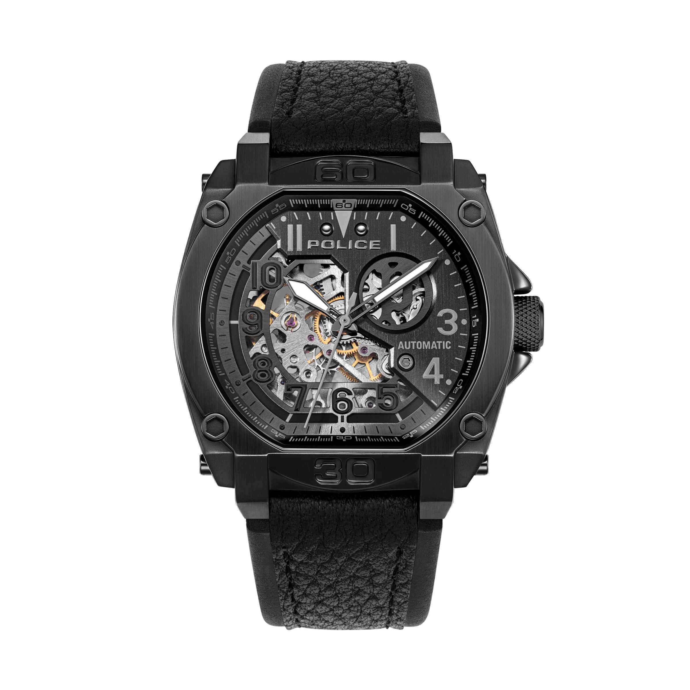 Police Herren Uhr Armbanduhr Analog Automatik Leder Schwarz
