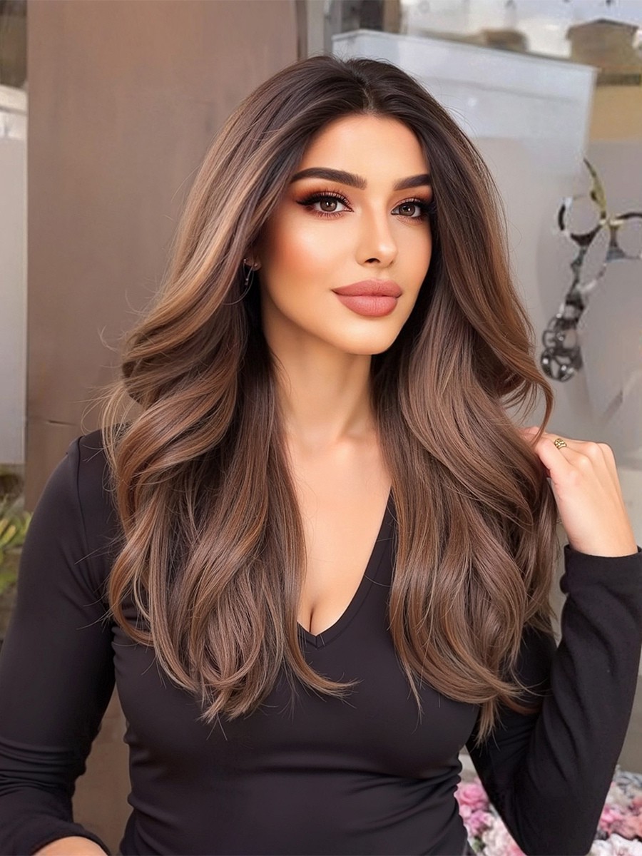 Mittelscheitel Lange Lockige Braune Haare Synthetische Perücken Für Frauen 2025