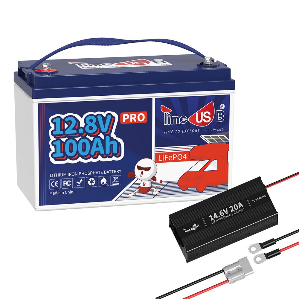 Timeusb LiFePO4 100Ah Pro Batterie 12V, 1 Stück mit 14.6V 20A Ladegerät  (5% sparen)