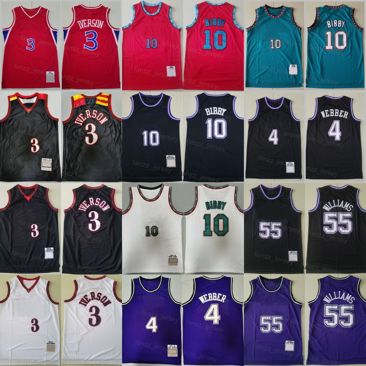 Retro Throwback Basketball Michael Mike Bibby Jersey 10 Jason Williams 55 Chris Webber 4 Allen Iverson 3 Vintage Red Black White Blue Purple Gree