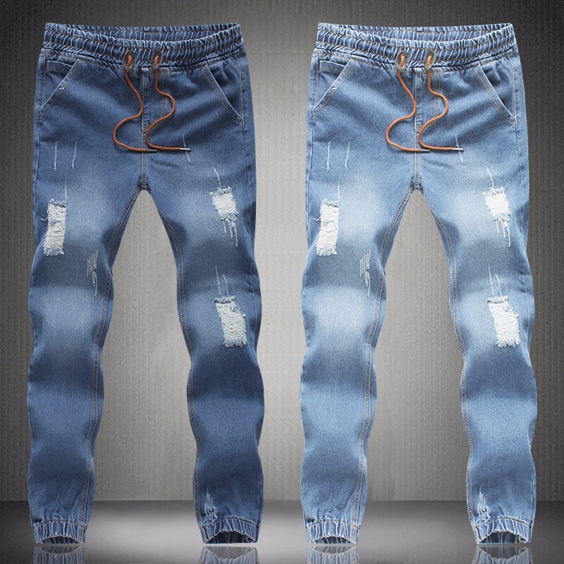 Mens ripped washed denim Jogger skinny biker jeans original plus size elastic waist denim pants female trousers