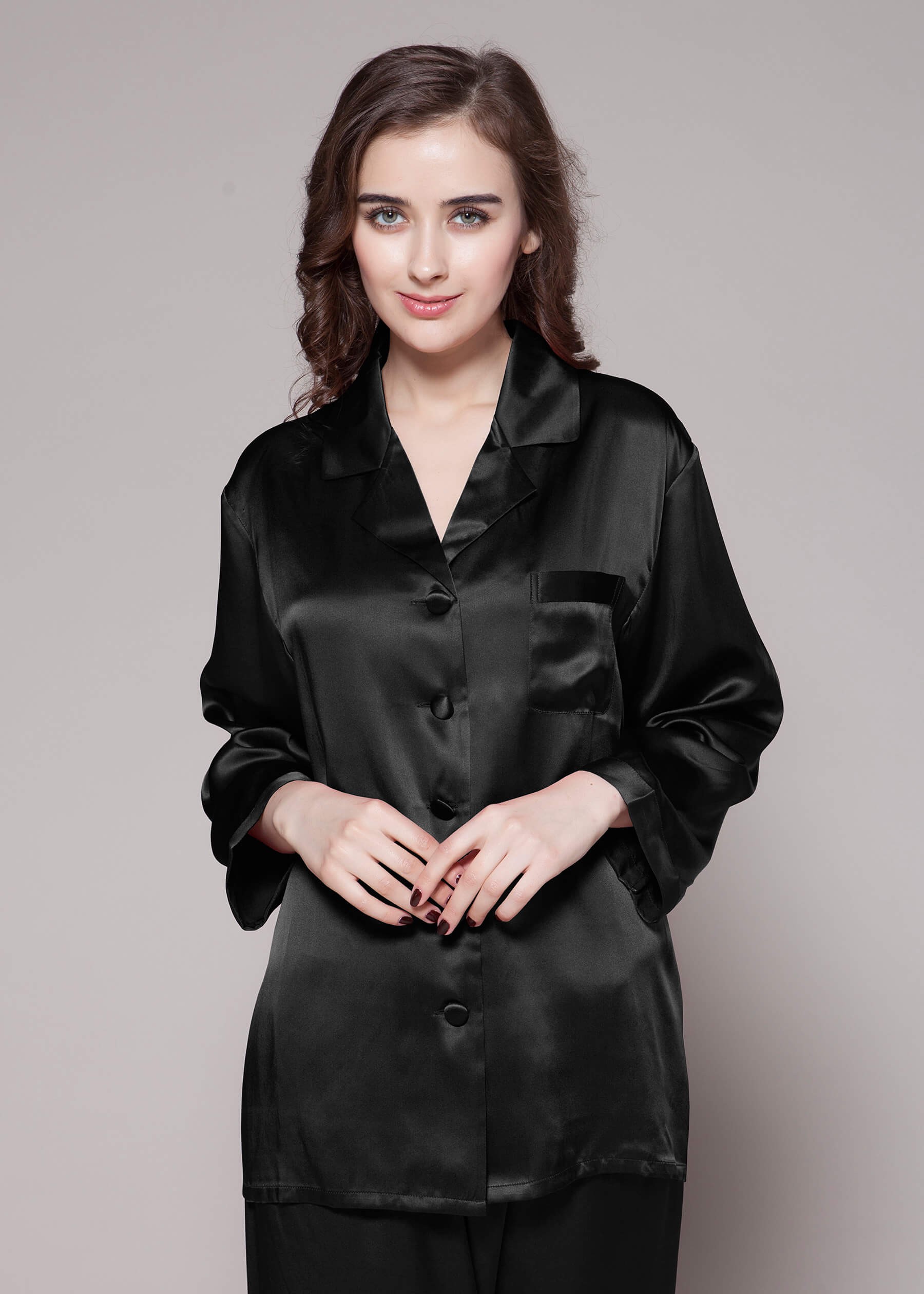 LILYSILK Pyjama Soie Noir Femme Noir Revers Crantés, Boutons Enveloppés De Soie 100% Soie Pure Maintient L'Hydratation Pour Mieux Dormir S