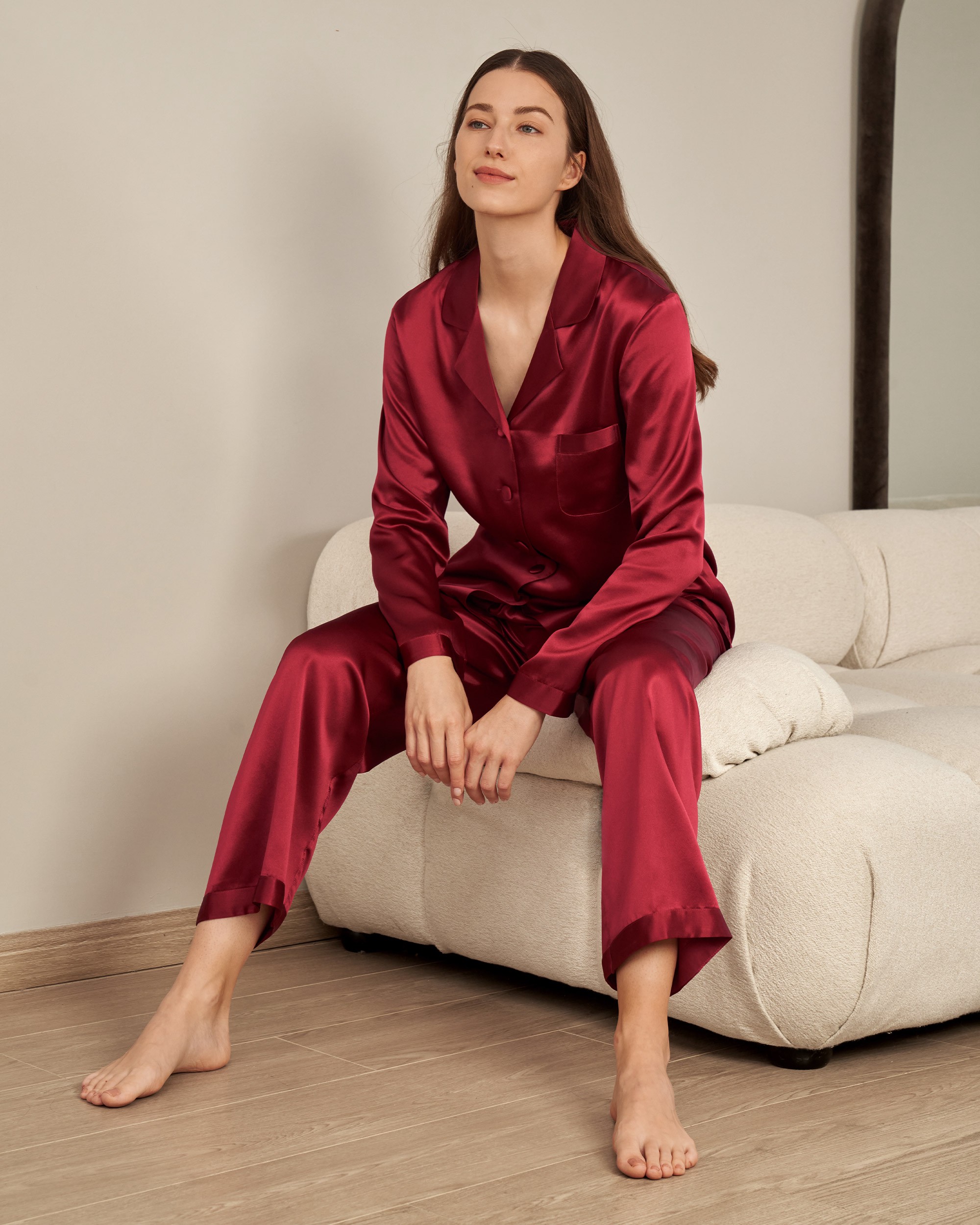 LILYSILK Pyjama Soie Femme Rouge Vineux Col V, Boutons Enveloppés De Soie 100% Soie Naturelle Sans Produits Chimiques Nocifs XL