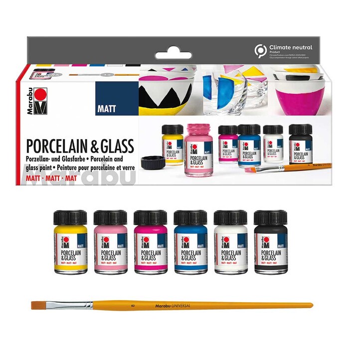 MARABU Porzellan- und Glasfarben Starter-Set Matt 6 x 15 ml inkl. Pinsel