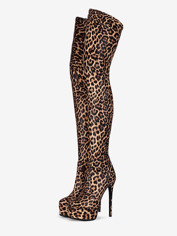 Oberschenkelhohe Damenstiefel mit rundem Zeh  Leopardenmuster  Stiletto-Absatz  Winter-Plateaustiefel für Damen
