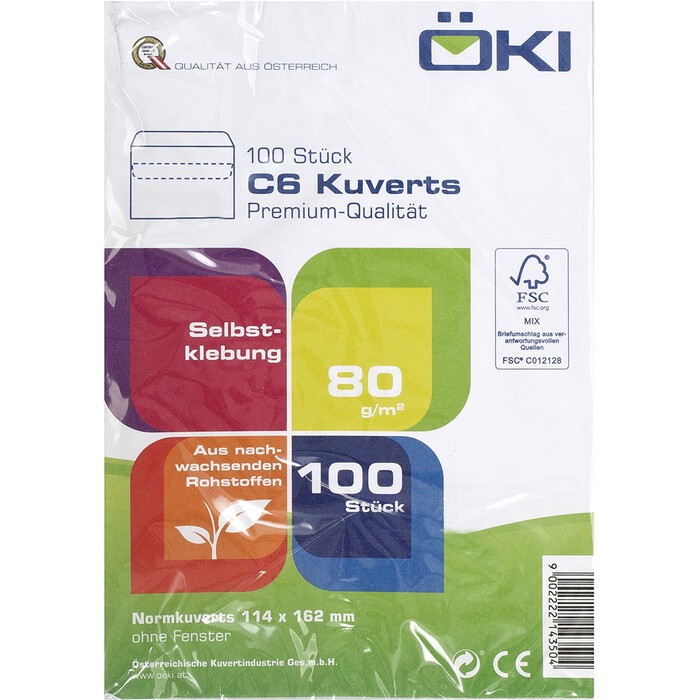 ÖKI Kuvert C6 ohne Fenster 100 Stück selbstklebend weiß