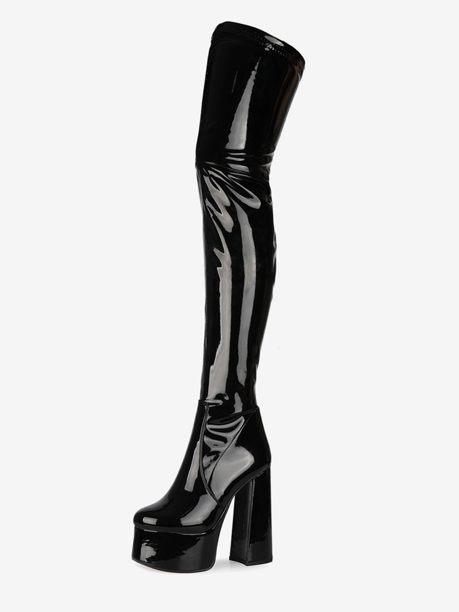 Overknee-Stiefel Schwarz Runde Zehe Chunky Heel High Heel Plateau Helle Leder Winterstiefel für Damen