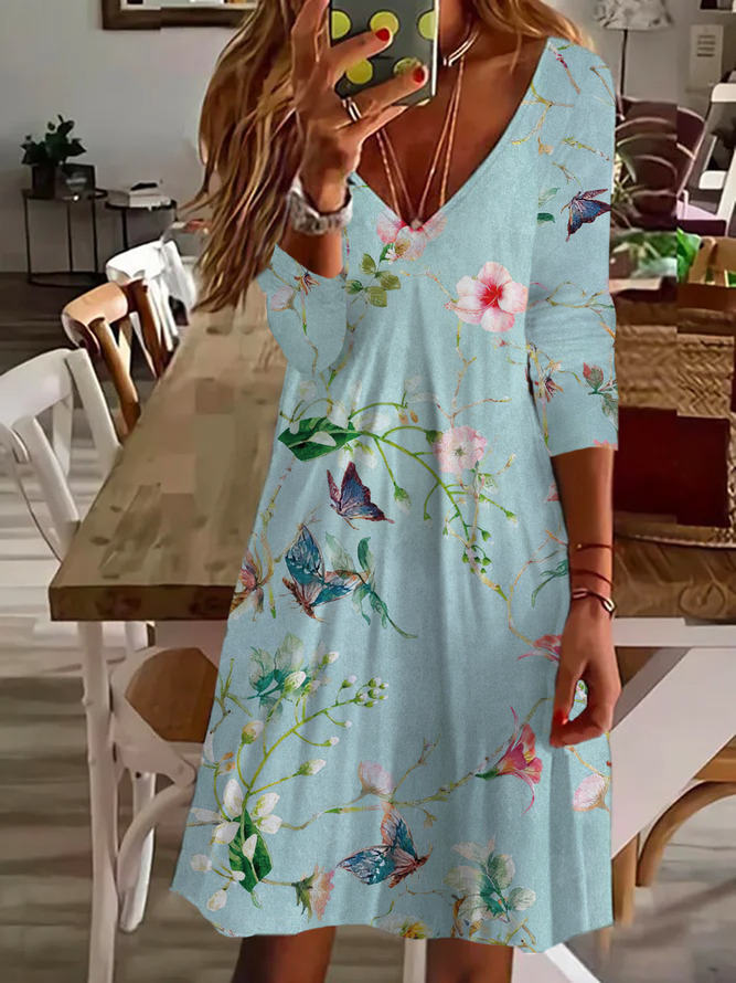Damen Casual Geblümt Sommer Print Täglich Regelmäßige Passform A-Linien Tunika Nein Gürtel Kleider