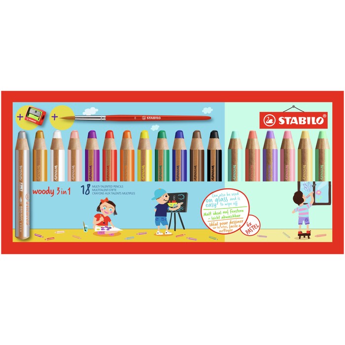STABILO Buntstift, Wasserfarbe & Wachsmalkreide woody 3 in 1 18er Pack Pastell mit Spitzer & Pinsel