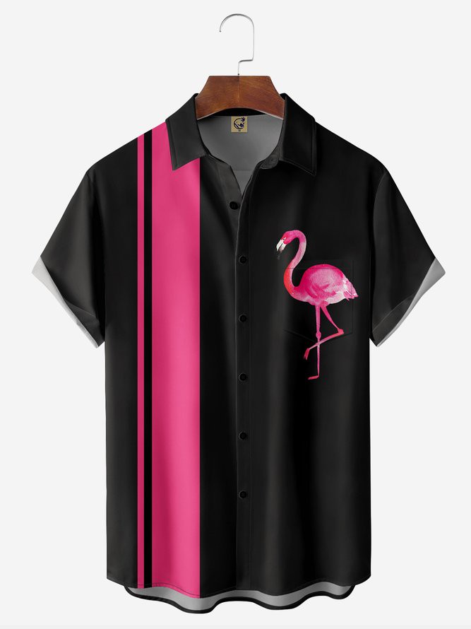 Herren Sommer Flamingo Urlaub Leicht Mikroelastizität Täglich Weit Kurzarm Tasche Patchwork Bowling-Shirts