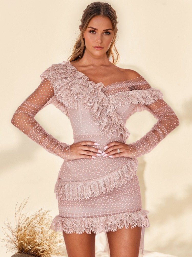Figurbetontes Spitzenkleid mit V-Ausschnitt und langen Ärmeln romantische Geburtstagsparty halbformales Minikleid für Frauen 2025