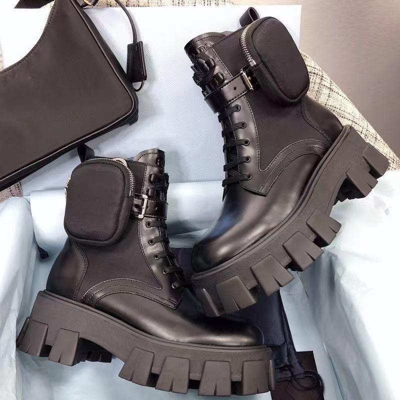 Damen-Designer-Stiefel, Mini-Taschenschnalle, dicke Sohlen, Leder, Ausrüstungssohlen, Martin-Stiefel