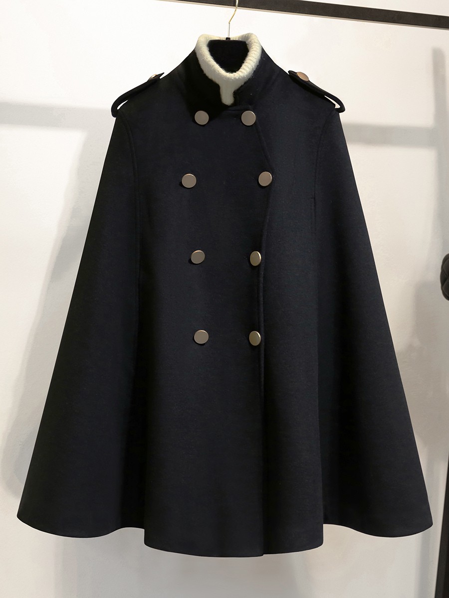 Damenmantel Schwarz Stehkragen Lange Ärmel Knöpfe Lagenlook Lässiger Wintermantel