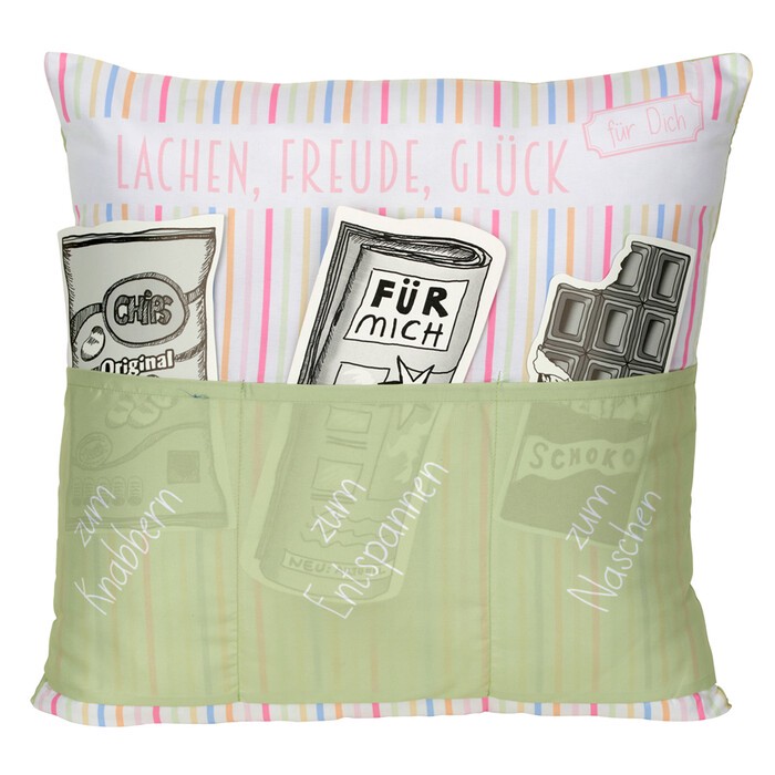 Kissen Lachen, Freude, Glück mit 3 Taschen bunt