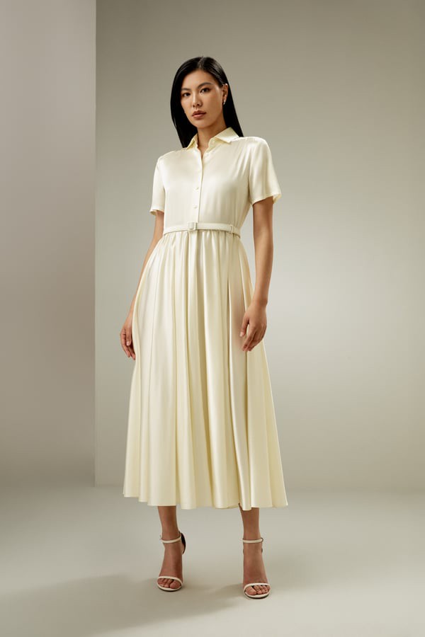 LILYSILK Moira Seidenkleid Lilienweiß, Gr. 44 - Elegantes Hemdkleid mit Gürtel