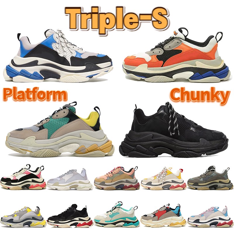 Triple S Chunky Casual Shoes Black White Metal Grey Platform Sneaker Beige Green Yellow Light Blue Cream Yellow Red Height Increase Men Women Dad
