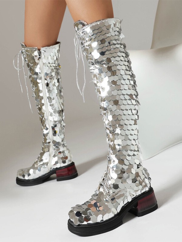 Silberne Kniestiefel mit Pailletten Plateaustiefel mit Welpenabsatz und Schnürung kniehohe Stiefel