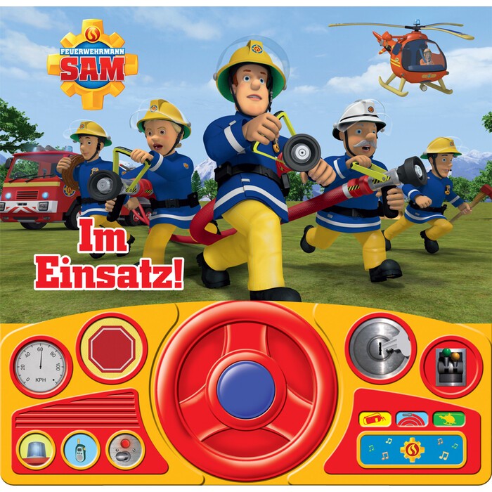 Feuerwehrmann Sam - Im Einsatz! - Soundbuch - Pappbilderbuch mit beweglichem Lenkrad und 13 spannenden Geräuschen für Kinder ab 3 Jahren