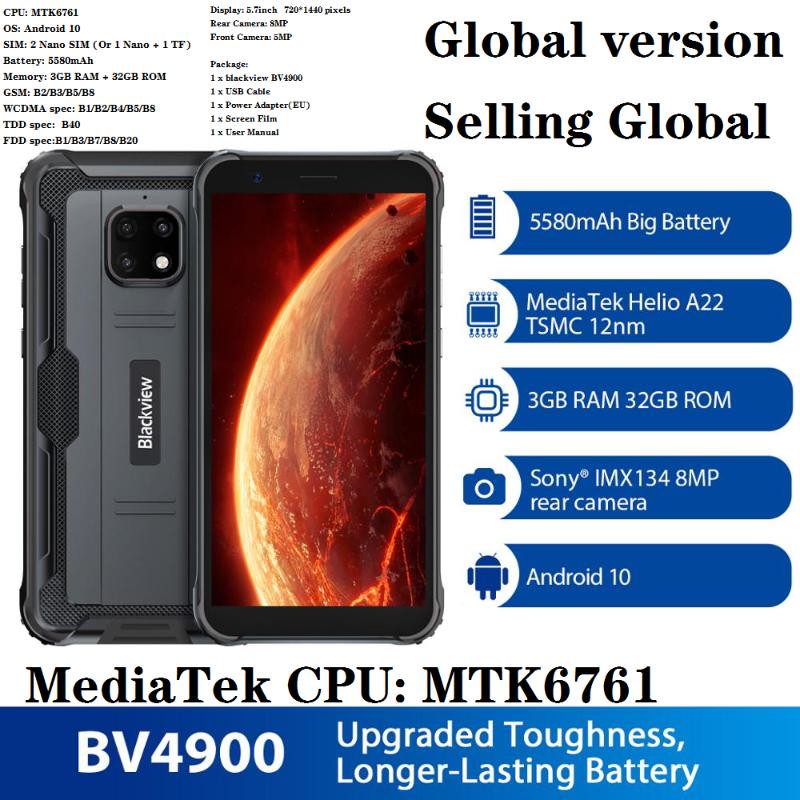 Walkie Talkie Global Version Blackview BV4900 IP68 Smartphone imperméable 3GB + 32GB Rugged 5580mAh Batterie 57 pouces Android 10 NFC 4G CellPhon