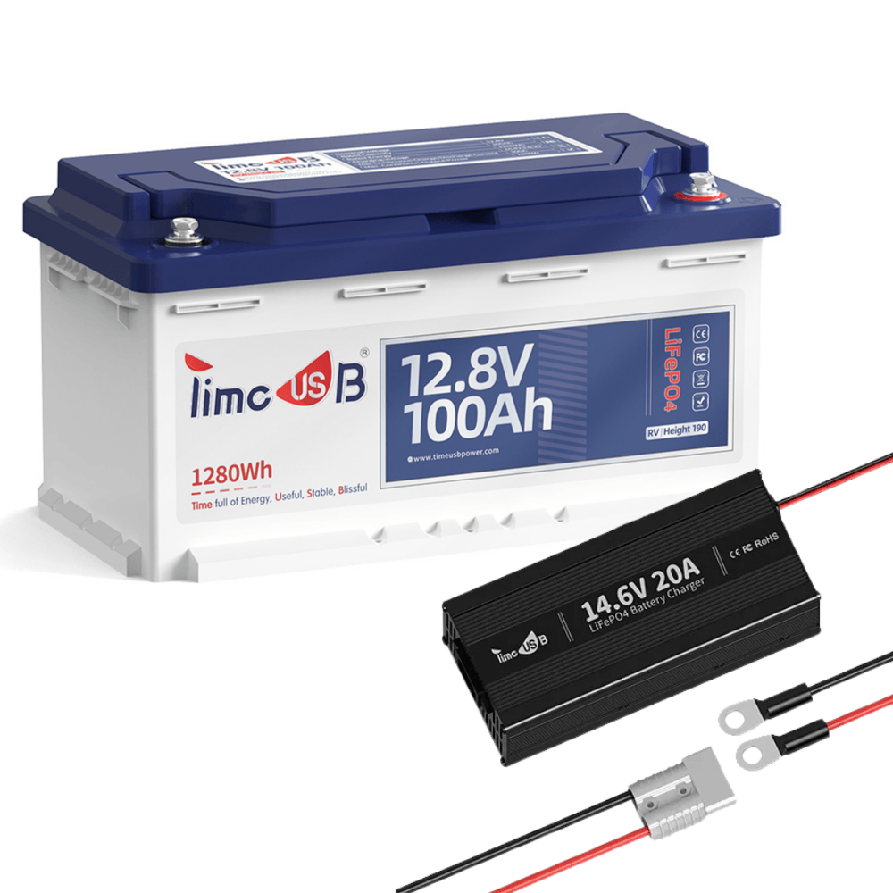 Timeusb LiFePO4 12V 100Ah H190 Untersitz Batterie, 1 Stück mit 14.6V 20A Ladegerät (5% sparen)