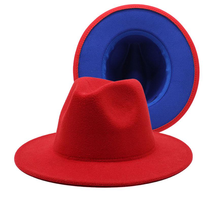 Rouge avec fond bleu Patchwork Panama Laine feutre Fedora Chapeaux Hiver Femmes Femmes Hommes Large Bronge Partie Formelle Trilby Jazz Top Caps 6