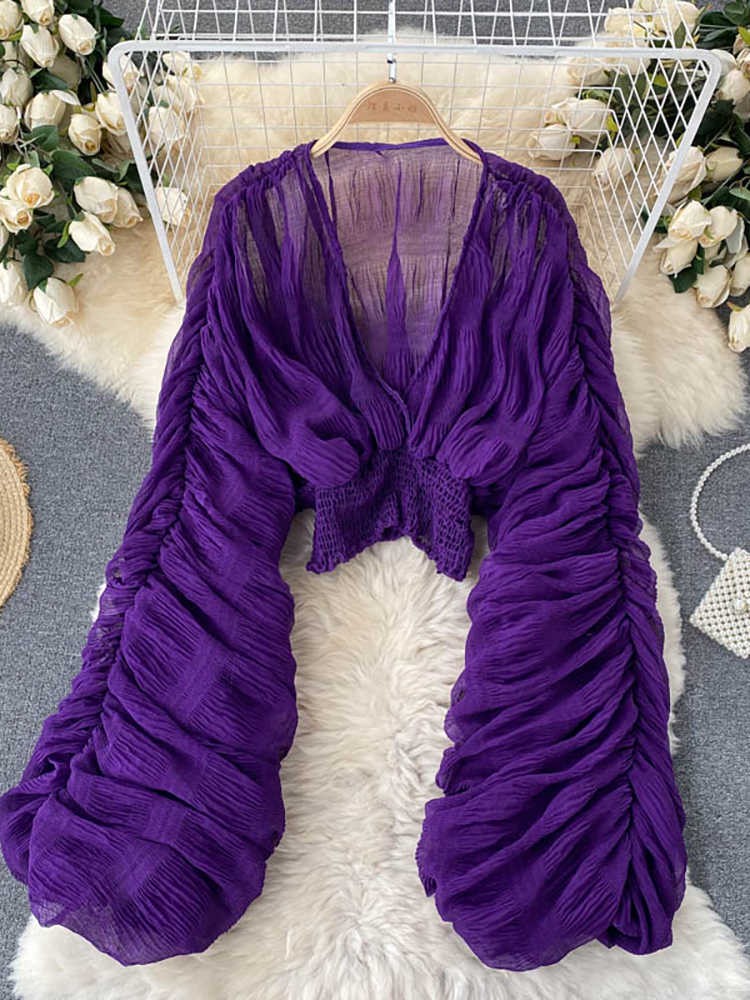 Sommer-reizvolle drapierte Chiffon-Bluse für Frauen-elegante V-Ansatz-Hauch-lange Hülsen-Kurzschluss-Oberseiten-weibliche dünne Partei-Hemden 202