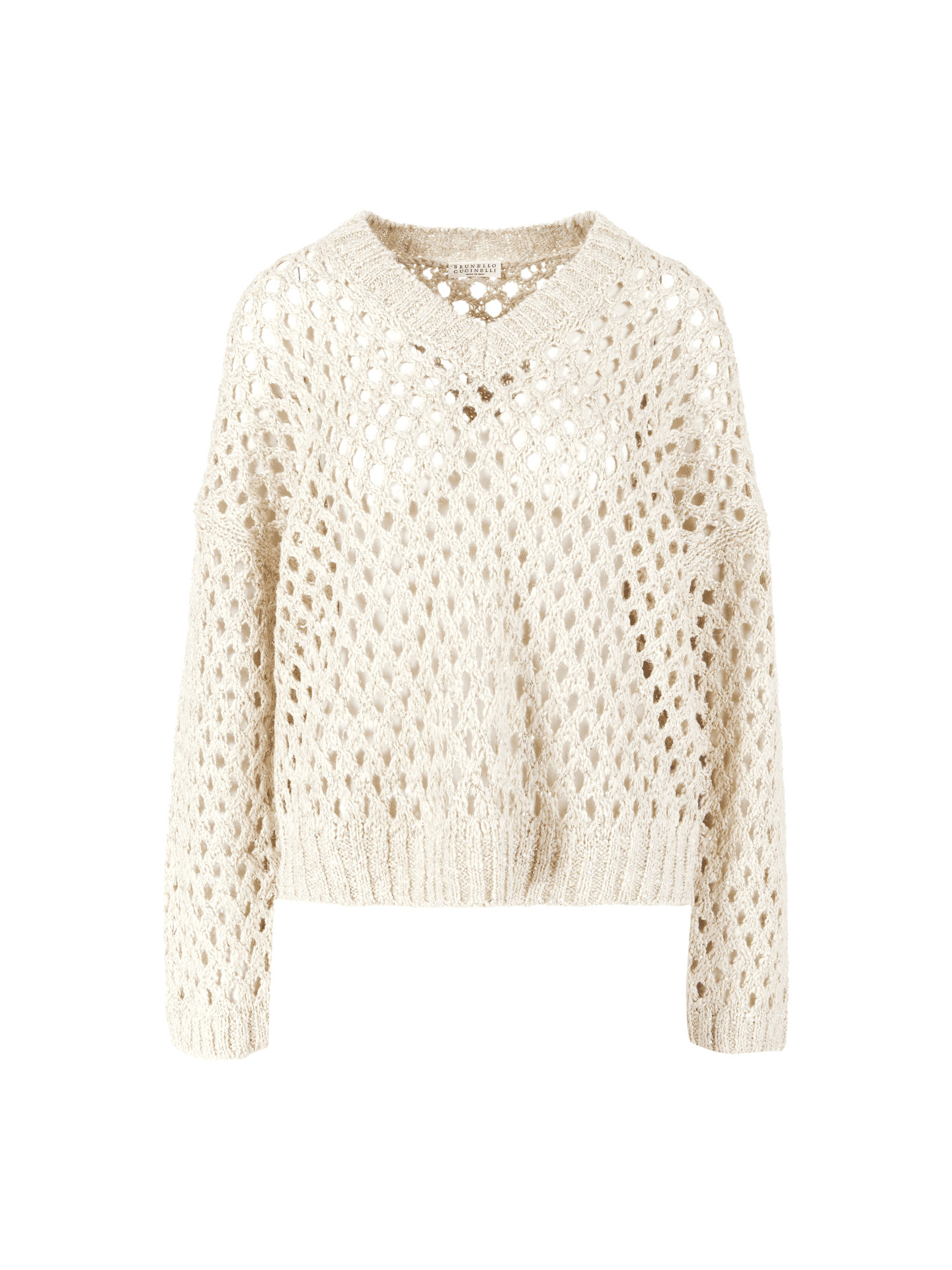 Strickpullover mit Lochmuster und Pailletten Crème