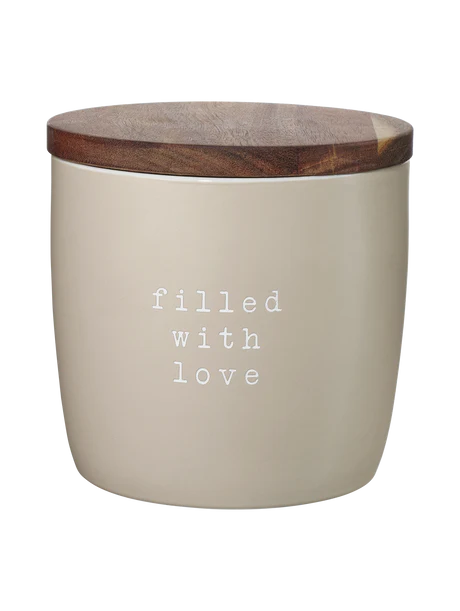 Keks Dose FILLED WITH LOVE 14,5 cm hoch Vorratsdose aus Keramik beige m. Akazienholzdeckel 