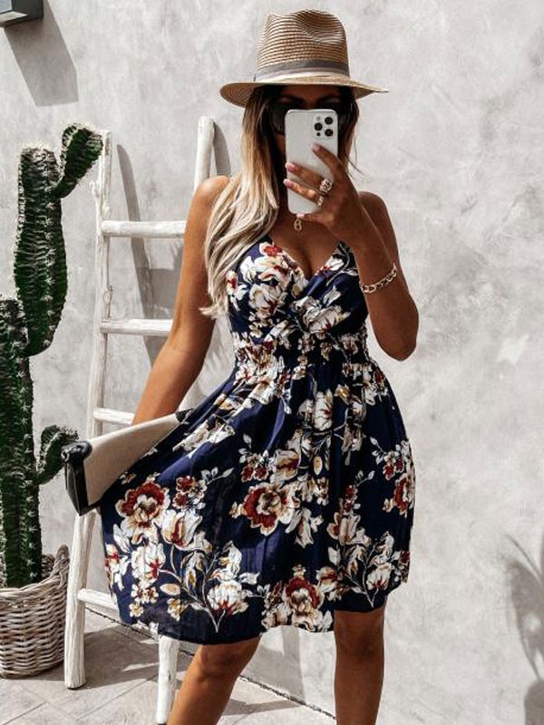 Sommerkleid Weiße Ärmel mit V-Ausschnitt und Blumenmuster aus Midi-Strandkleid aus Polyester