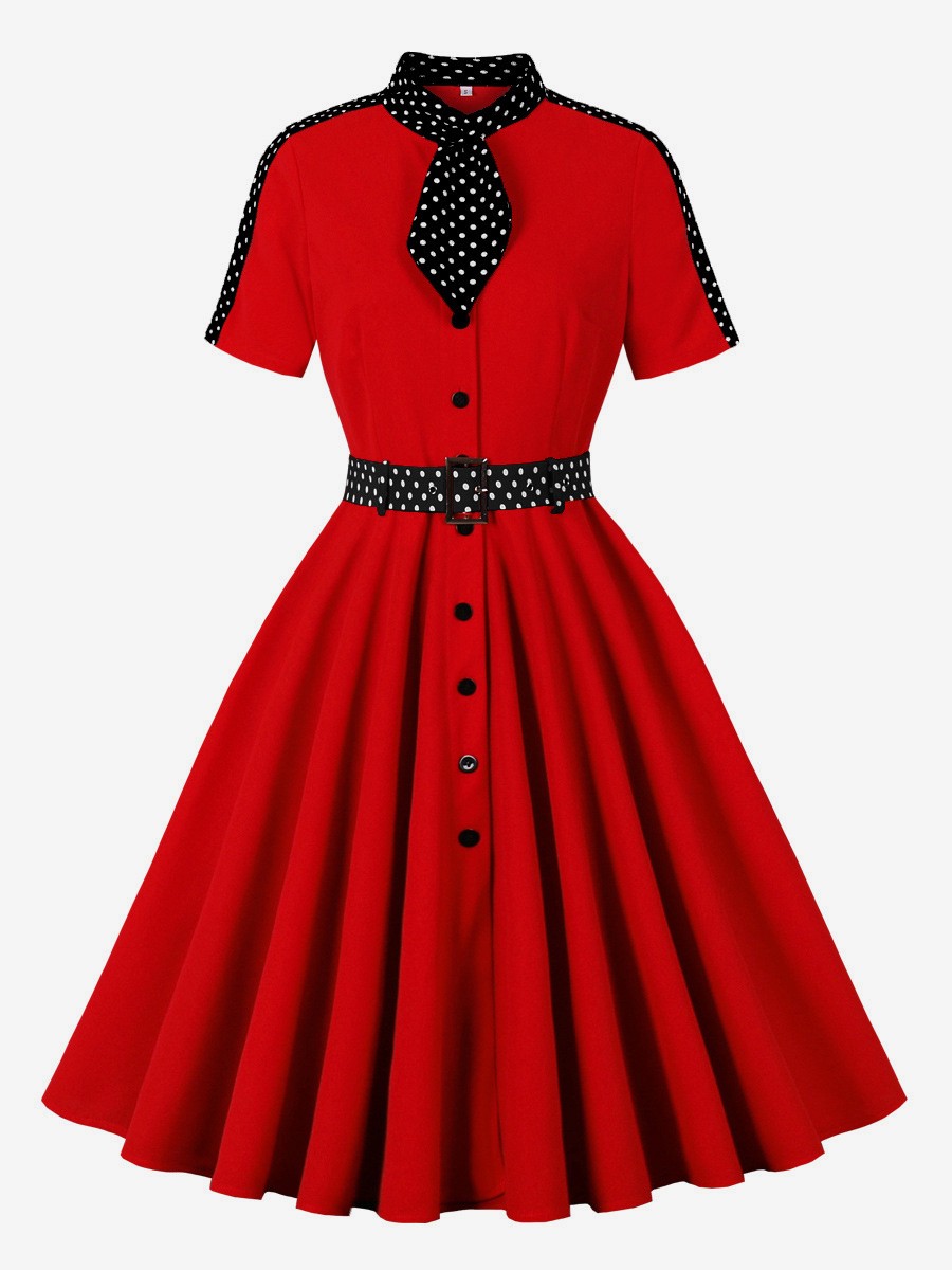 Retro Polka Dot Hemdkleid mit Krawatte und Gürtel Vintage inspiriertes Midikleid für Damen 2025