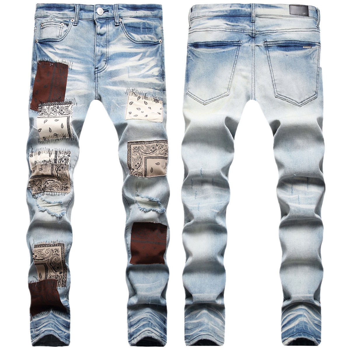 Mens Hi Street Ripped Jeans Pants With Bandana Patchwork Fashion Streetwear Destroyed Denim Trousers Washed Blue Straight Fit