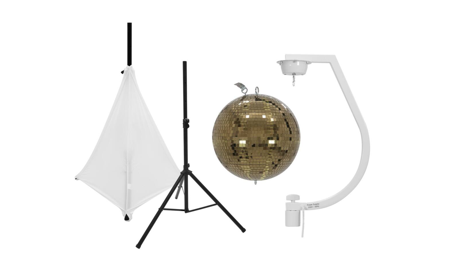 EUROLITE Set Spiegelkugel 30cm gold mit Stativ und Segel weiß
