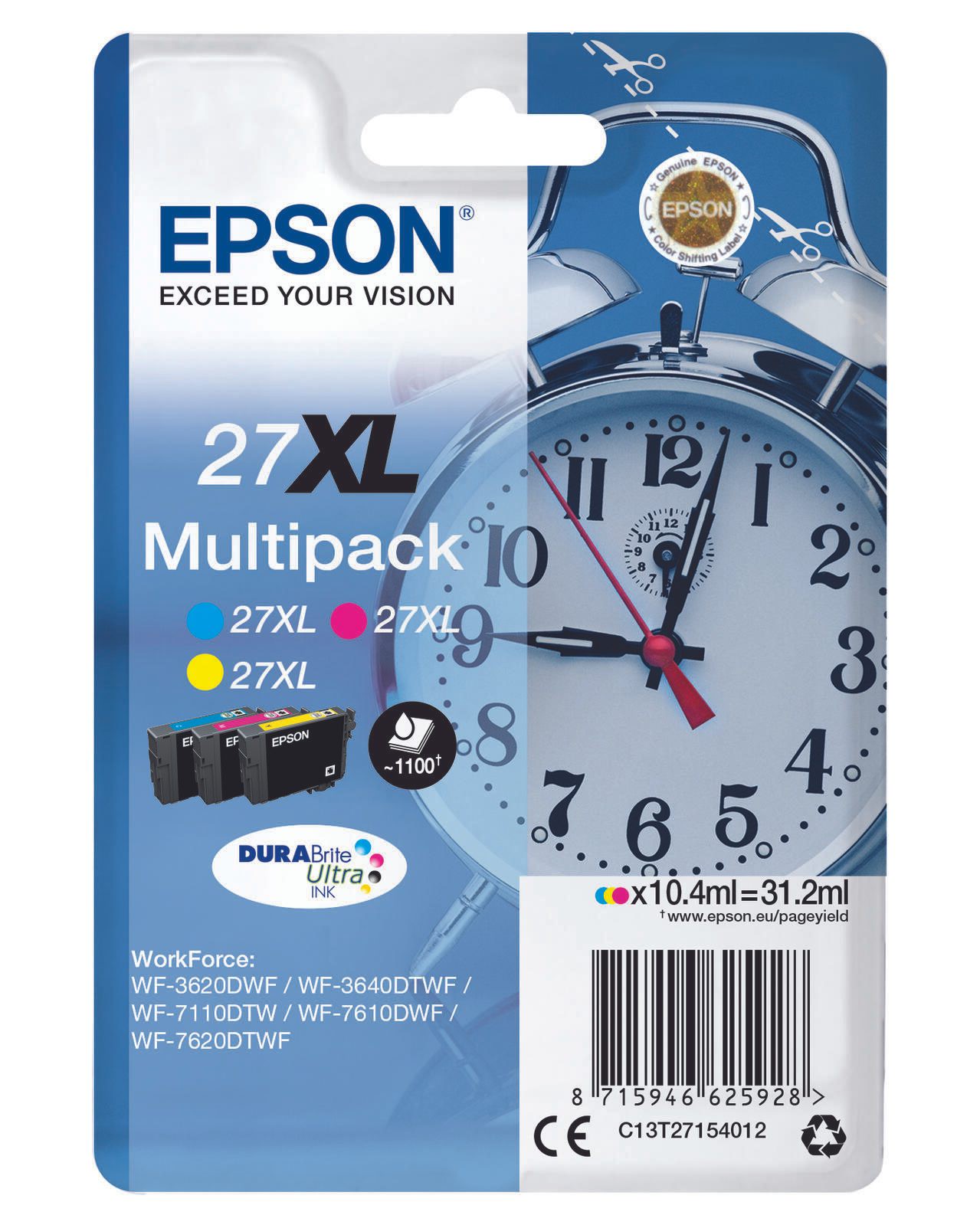 Epson Original 27XL Wecker Druckerpatrone - 3er Multipack (C13T27154012)