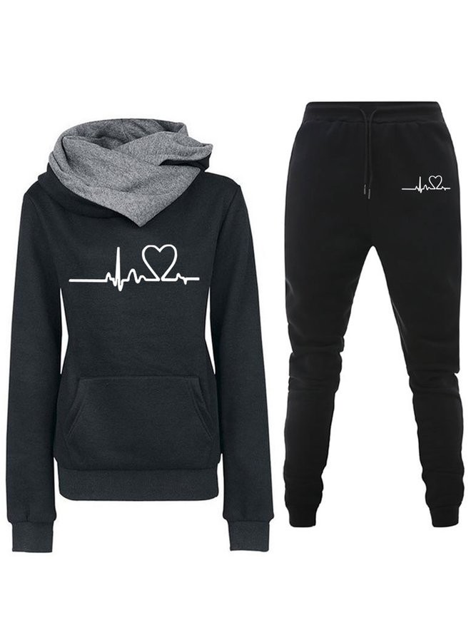 Lässig Frühling/Herbst Textbriefe Polyester Kapuze Täglich Weit Bluse mit Hose H-Linie Zweiteiliges Sets für Damen