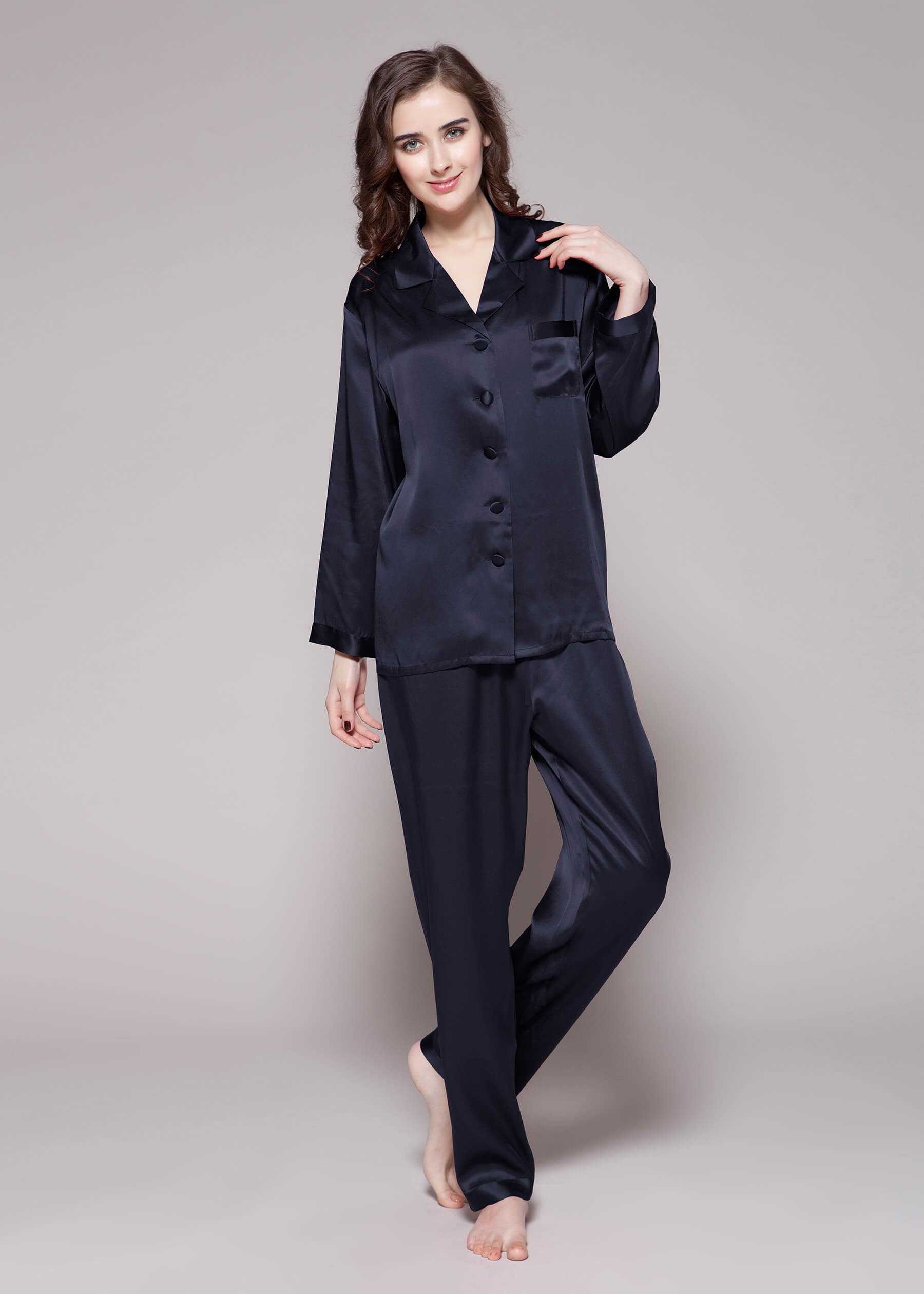 LILYSILK Soie Pyjama Femme Bleu Marine Col V, Boutons Enveloppés De Soie 100% Soie Naturelle Sans Produits Chimiques Nocifs XS