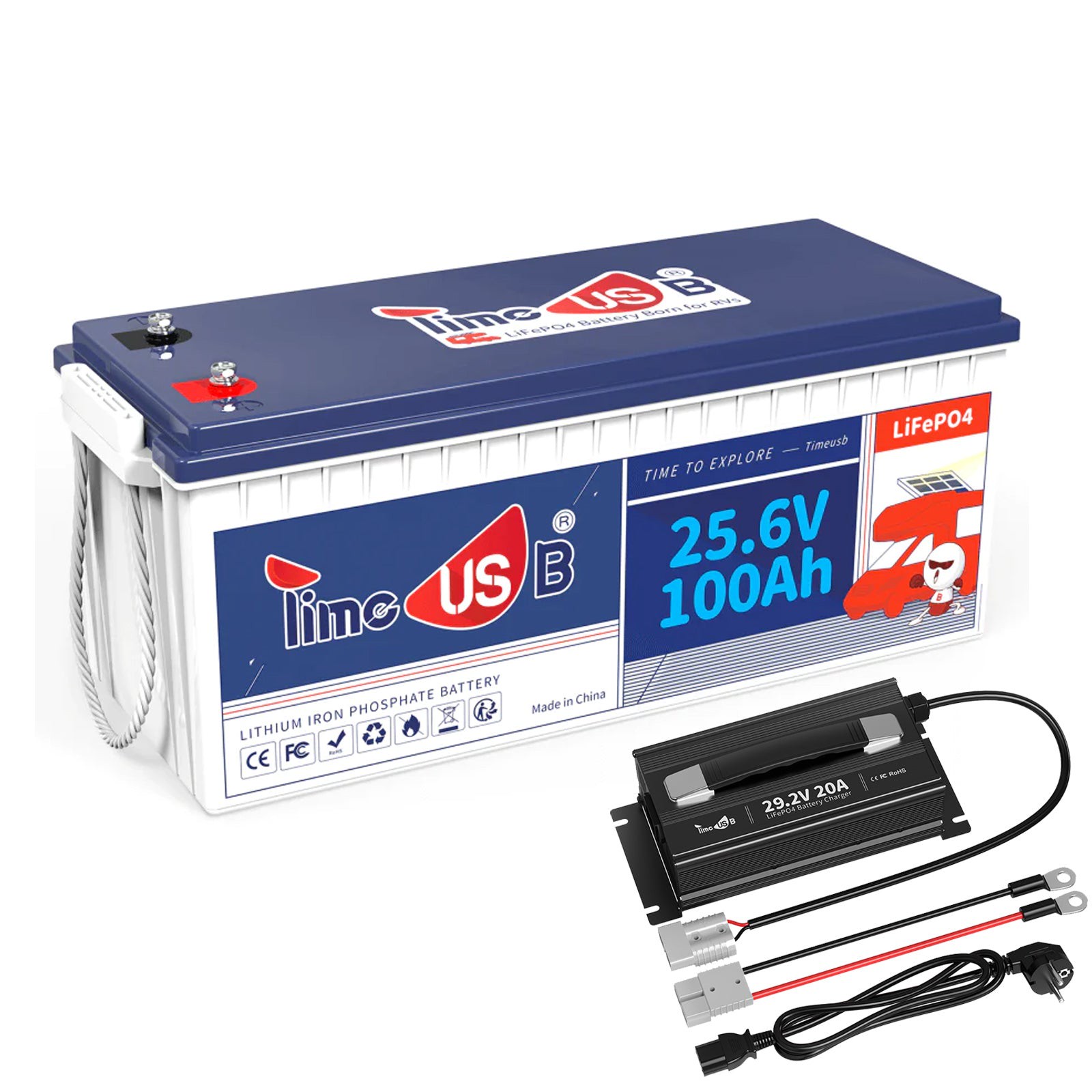 Timeusb Lithium Batterie 100Ah 24V LiFePO4, 1 Stück mit 29.2V 20A Ladegerät (5% sparen)