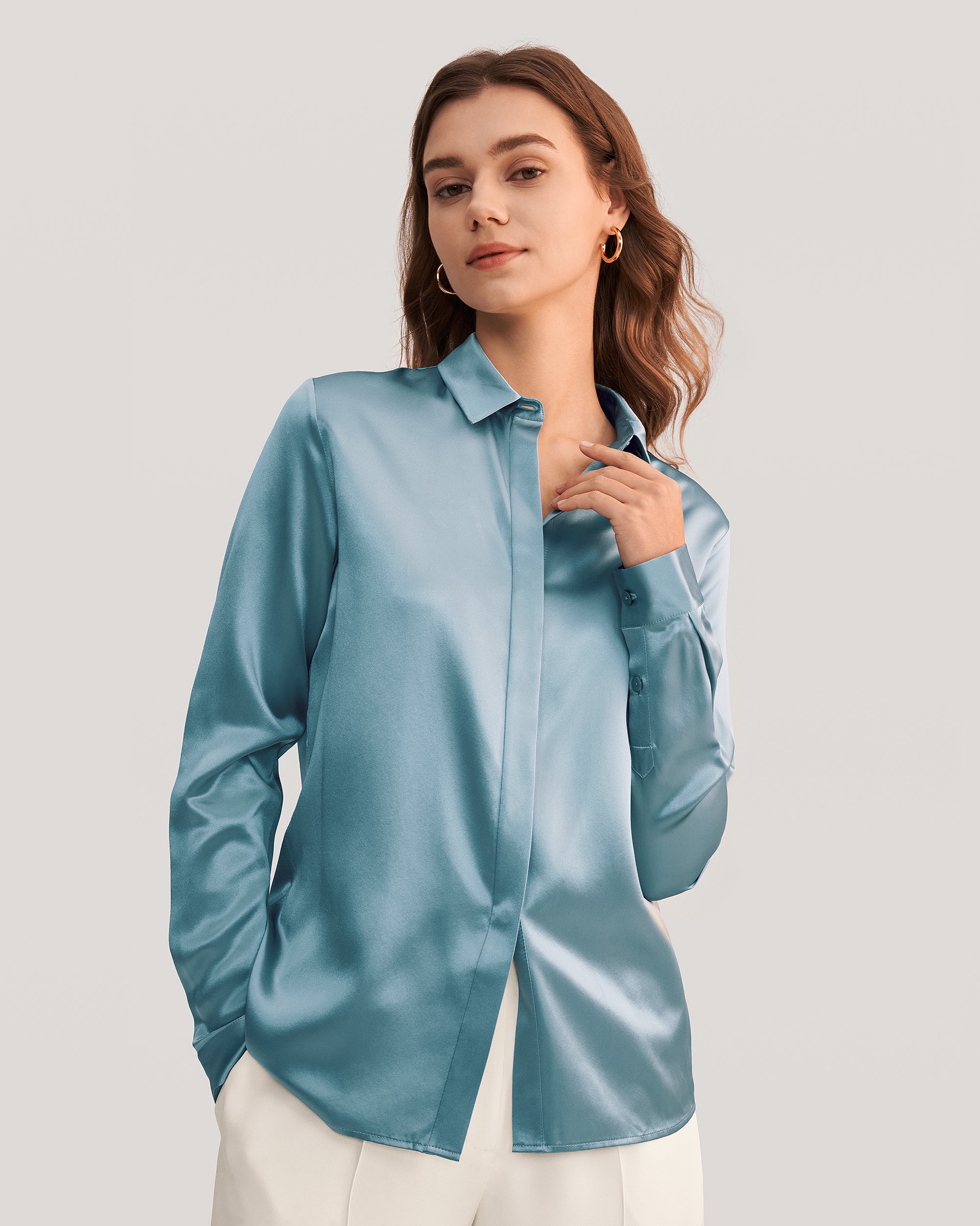 LILYSILK Bluse Seide Damen Blau DE Charmeuse Seide Langärmeliges Shirt Für Alle Jahreszeiten L