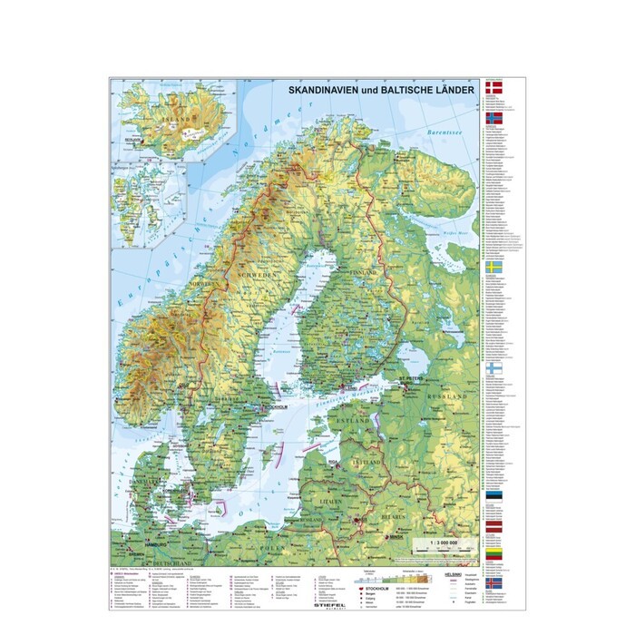 Skandinavien und Baltikum physisch. Stiefel Wandkarte Kleinformat Scandinavia and the Baltic Countries