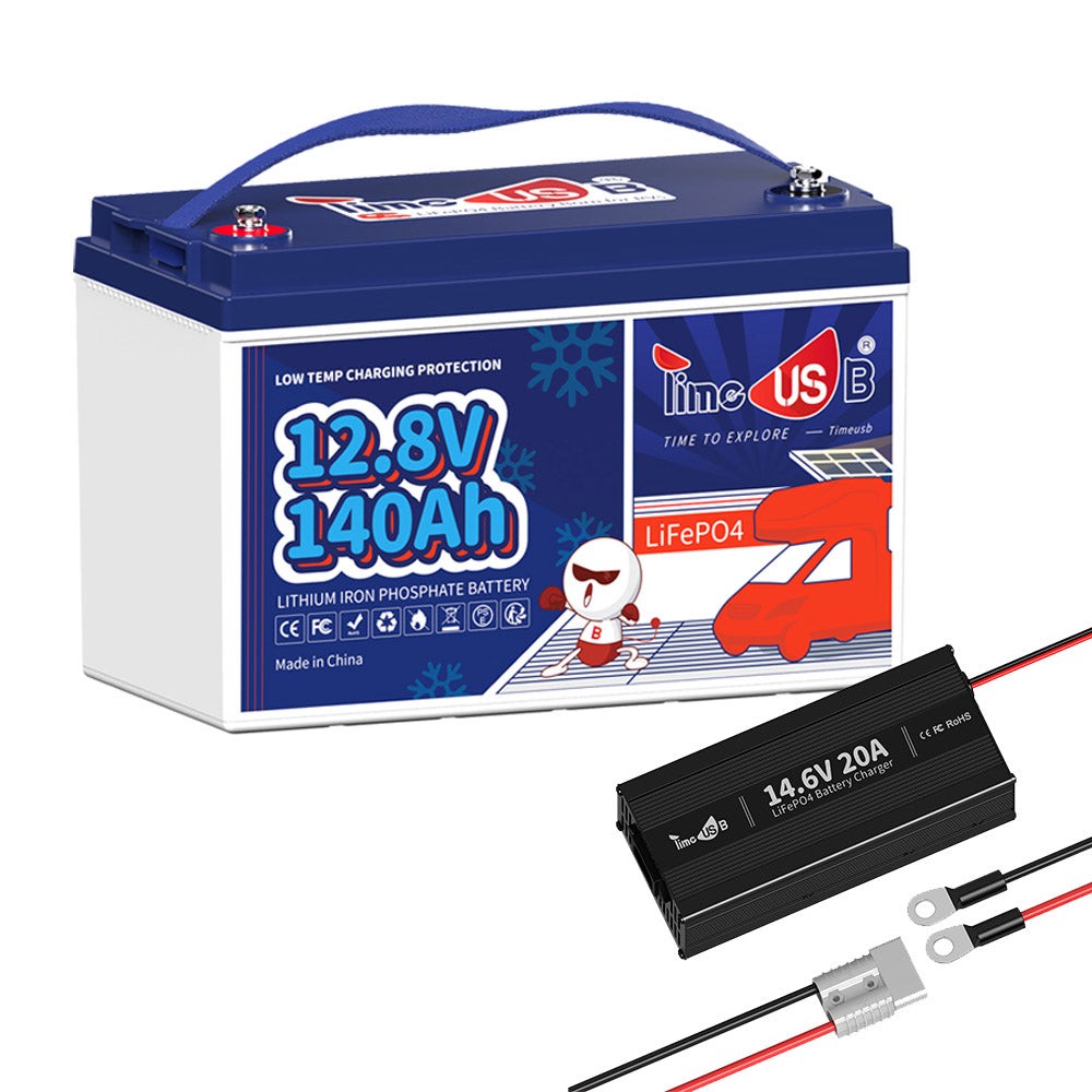 Timeusb Lithium Batterie 140Ah LiFePO4 12V, BMS mit Tieftemperaturschutz, 1 Stück mit 14.6V 20A Ladegerät (5% sparen)