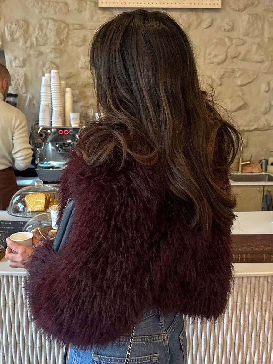 Umweltfreundliche Kunstpelzjacke Burgunder Revers Wintermantel Oberbekleidung für Frauen 2025