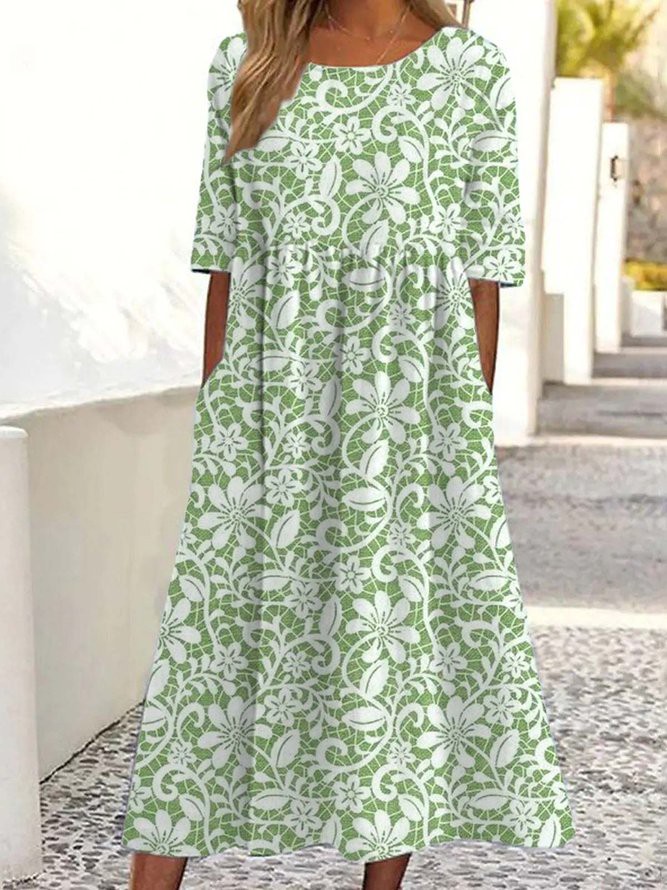 Damen Casual Geblümt Sommer Hohe Taille Mikroelastizität Halbarm A-Linien Blusenkleid Nein Kleider