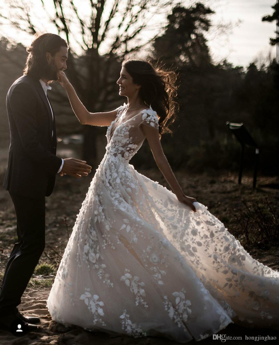 Berta Summer Boho A-Line Robe De Mariée Illusion Corsage 3D-Floral Appliques Beach Robes de mariée Backless Ve De Derée Robe De Mariée